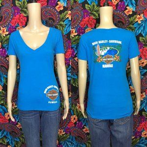 WOMEN'S HARLEY DAVIDSON SHIRT HAWAII DEEP VNECK LARGE BLUE 2-SIDED 100% COTTON